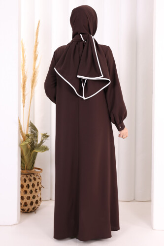 Gül ve Şerit Detaylı Elbise Şal Hediyeli 6065 Kahverengi - 5