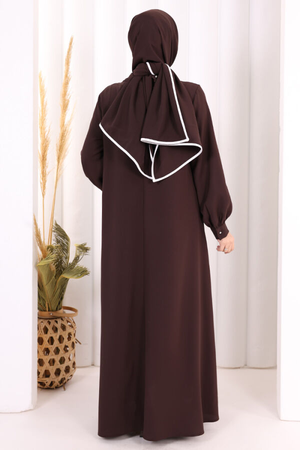 Gül ve Şerit Detaylı Elbise Şal Hediyeli 6065 Kahverengi - 5