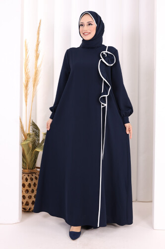 Gül ve Şerit Detaylı Elbise Şal Hediyeli 6065 Lacivert