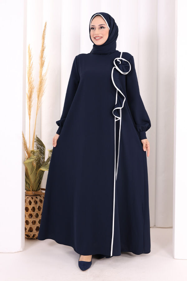 Gül ve Şerit Detaylı Elbise Şal Hediyeli 6065 Lacivert - 1