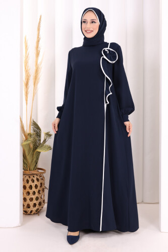 Gül ve Şerit Detaylı Elbise Şal Hediyeli 6065 Lacivert - 2