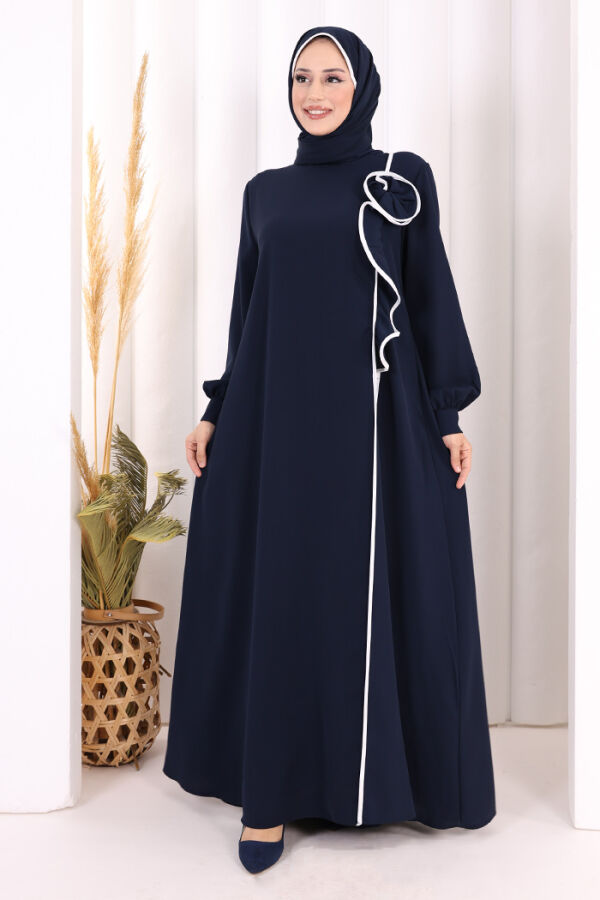 Gül ve Şerit Detaylı Elbise Şal Hediyeli 6065 Lacivert - 2