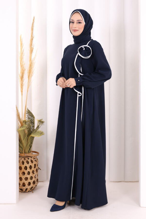 Gül ve Şerit Detaylı Elbise Şal Hediyeli 6065 Lacivert - 3