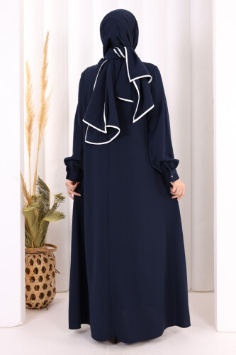 Gül ve Şerit Detaylı Elbise Şal Hediyeli 6065 Lacivert - 4