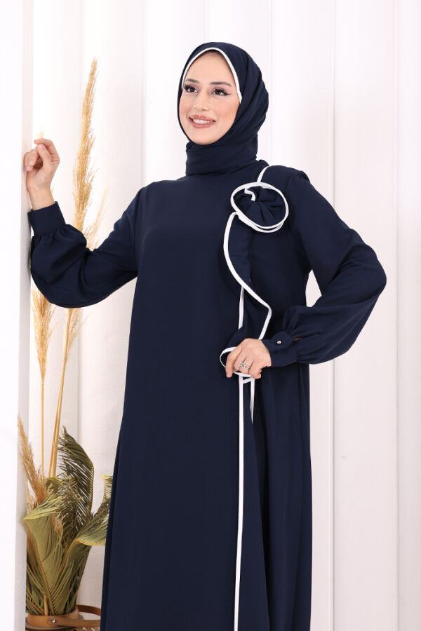 Gül ve Şerit Detaylı Elbise Şal Hediyeli 6065 Lacivert - 5
