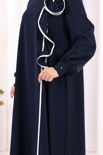 Gül ve Şerit Detaylı Elbise Şal Hediyeli 6065 Lacivert - 6