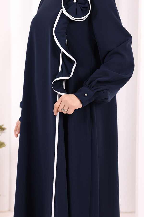 Gül ve Şerit Detaylı Elbise Şal Hediyeli 6065 Lacivert - 6