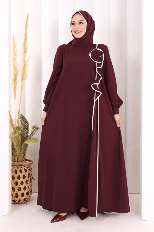 Gül ve Şerit Detaylı Elbise Şal Hediyeli 6065 Mürdüm - 1