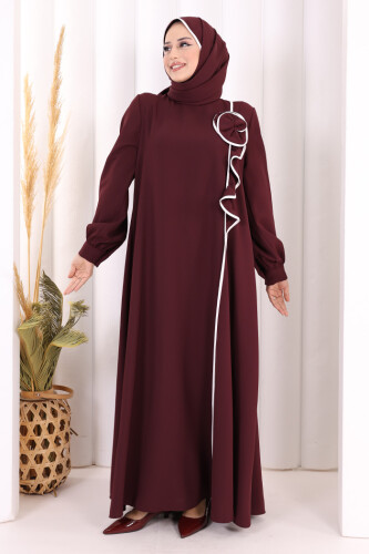 Gül ve Şerit Detaylı Elbise Şal Hediyeli 6065 Mürdüm - 2