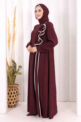 Gül ve Şerit Detaylı Elbise Şal Hediyeli 6065 Mürdüm - 3