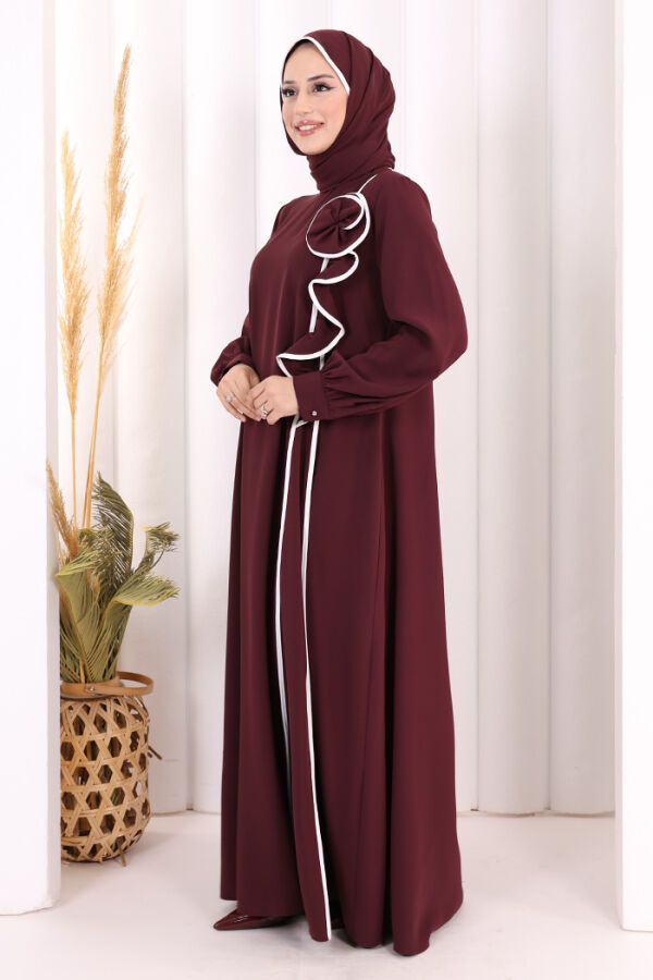 Gül ve Şerit Detaylı Elbise Şal Hediyeli 6065 Mürdüm - 3