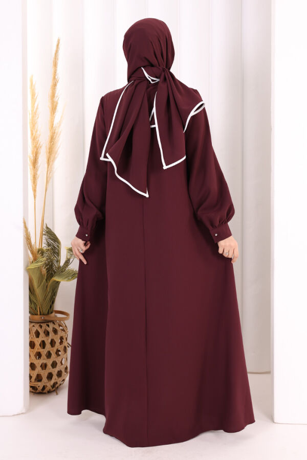 Gül ve Şerit Detaylı Elbise Şal Hediyeli 6065 Mürdüm - 4