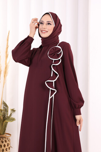 Gül ve Şerit Detaylı Elbise Şal Hediyeli 6065 Mürdüm - 5