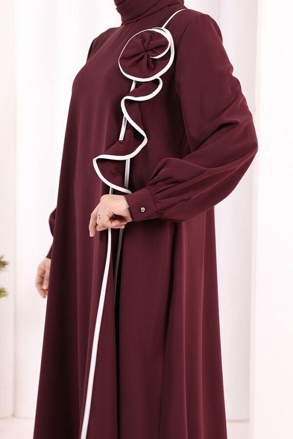 Gül ve Şerit Detaylı Elbise Şal Hediyeli 6065 Mürdüm - 6