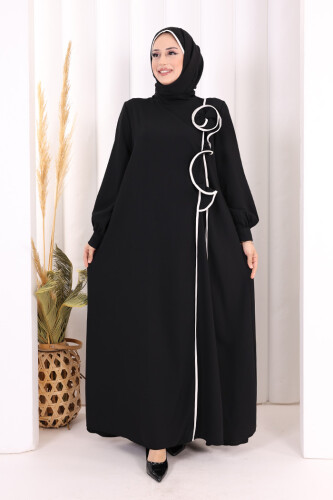Gül ve Şerit Detaylı Elbise Şal Hediyeli 6065 Siyah