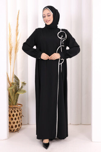 Gül ve Şerit Detaylı Elbise Şal Hediyeli 6065 Siyah - 2