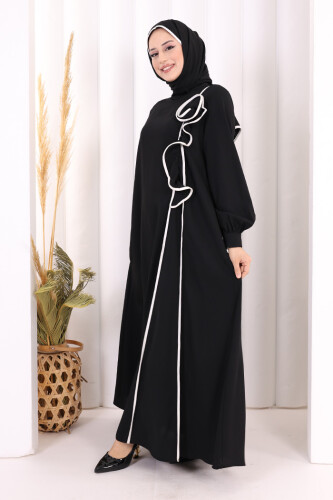 Gül ve Şerit Detaylı Elbise Şal Hediyeli 6065 Siyah - 3