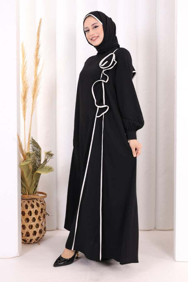 Gül ve Şerit Detaylı Elbise Şal Hediyeli 6065 Siyah - 3