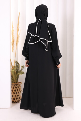 Gül ve Şerit Detaylı Elbise Şal Hediyeli 6065 Siyah - 4