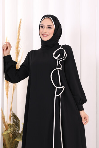 Gül ve Şerit Detaylı Elbise Şal Hediyeli 6065 Siyah - 5