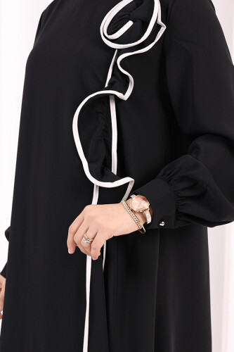 Gül ve Şerit Detaylı Elbise Şal Hediyeli 6065 Siyah - 6