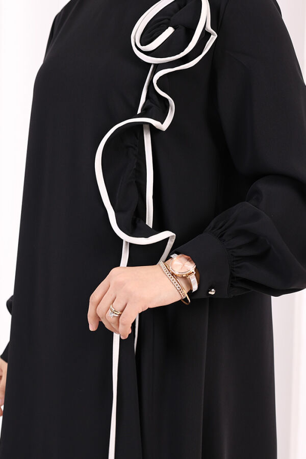 Gül ve Şerit Detaylı Elbise Şal Hediyeli 6065 Siyah - 6