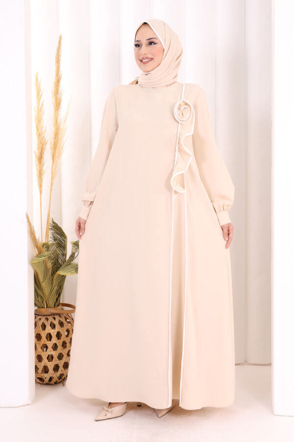 Gül ve Şerit Detaylı Elbise Şal Hediyeli 6065 Taş - 1