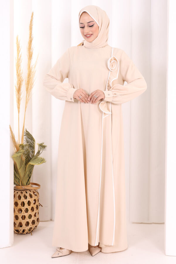 Gül ve Şerit Detaylı Elbise Şal Hediyeli 6065 Taş - 2