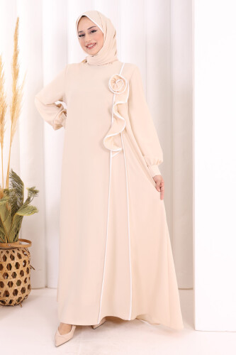 Gül ve Şerit Detaylı Elbise Şal Hediyeli 6065 Taş - 3