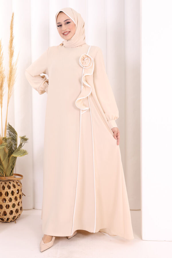 Gül ve Şerit Detaylı Elbise Şal Hediyeli 6065 Taş - 3