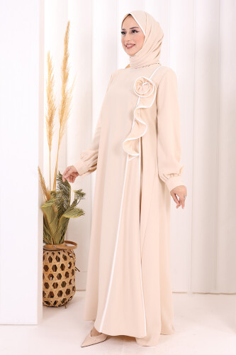 Gül ve Şerit Detaylı Elbise Şal Hediyeli 6065 Taş - 4