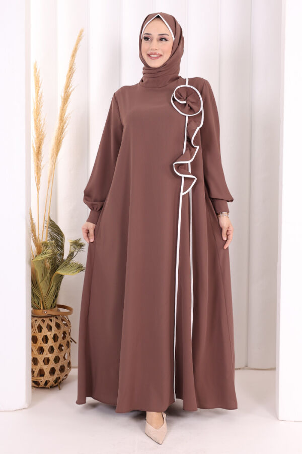 Gül ve Şerit Detaylı Elbise Şal Hediyeli 6065 Vizon - 1