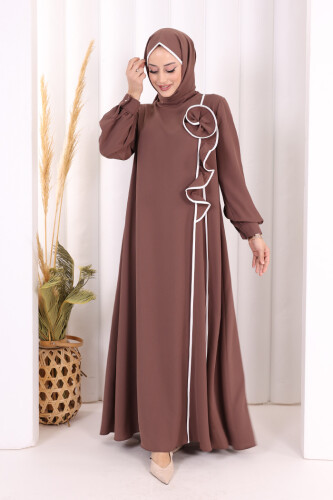 Gül ve Şerit Detaylı Elbise Şal Hediyeli 6065 Vizon - 2