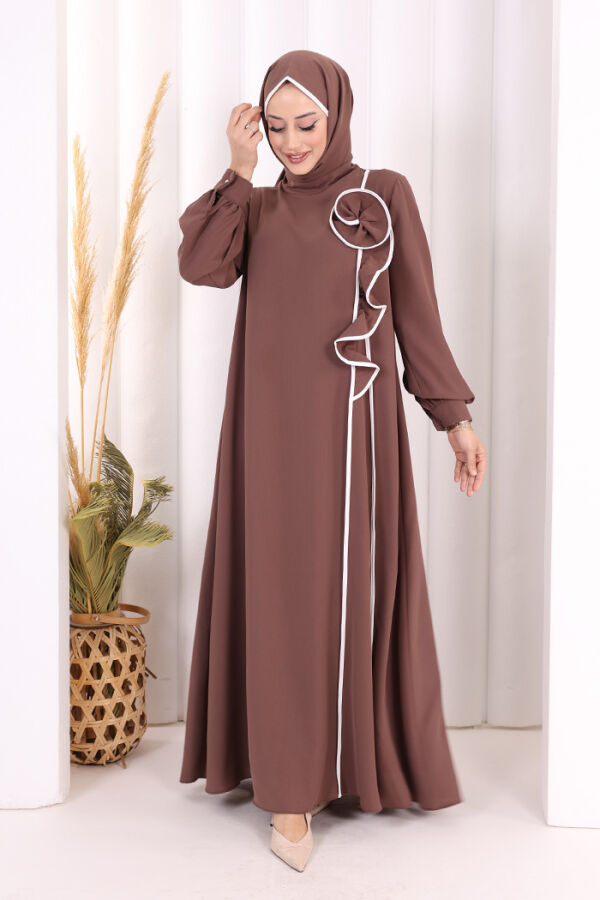 Gül ve Şerit Detaylı Elbise Şal Hediyeli 6065 Vizon - 2