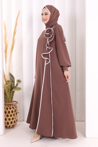 Gül ve Şerit Detaylı Elbise Şal Hediyeli 6065 Vizon - 3