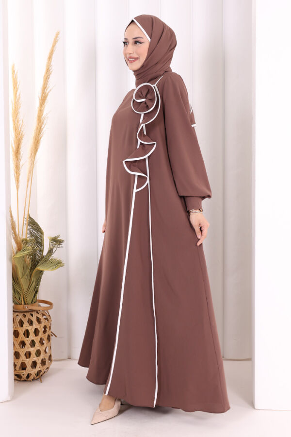 Gül ve Şerit Detaylı Elbise Şal Hediyeli 6065 Vizon - 3