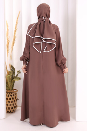 Gül ve Şerit Detaylı Elbise Şal Hediyeli 6065 Vizon - 5