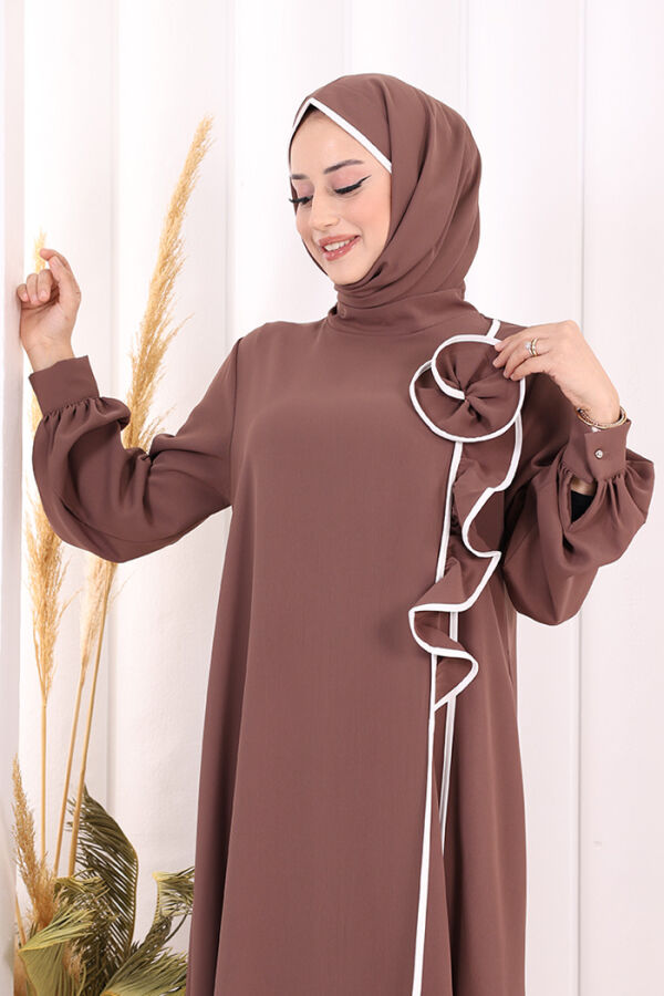 Gül ve Şerit Detaylı Elbise Şal Hediyeli 6065 Vizon - 6