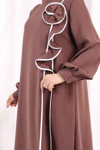 Gül ve Şerit Detaylı Elbise Şal Hediyeli 6065 Vizon - 7