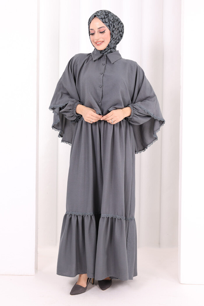 Güpür Detay Pelerinli Elbise 6079 Antrasit - 1
