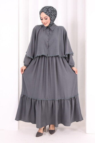 Güpür Detay Pelerinli Elbise 6079 Antrasit - 2