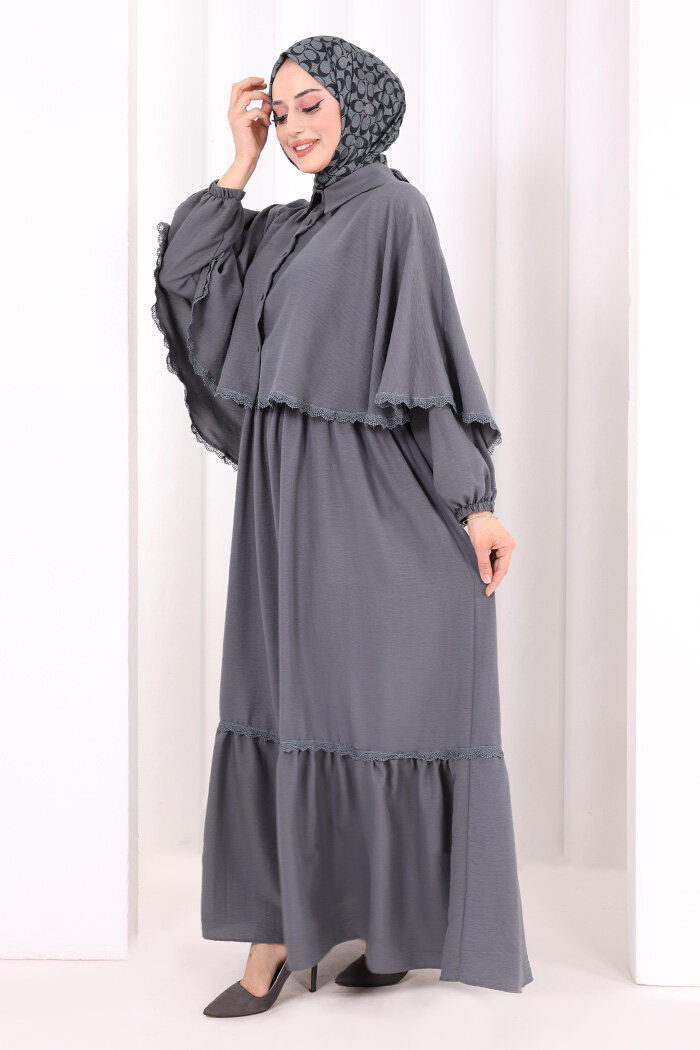 Güpür Detay Pelerinli Elbise 6079 Antrasit - 3