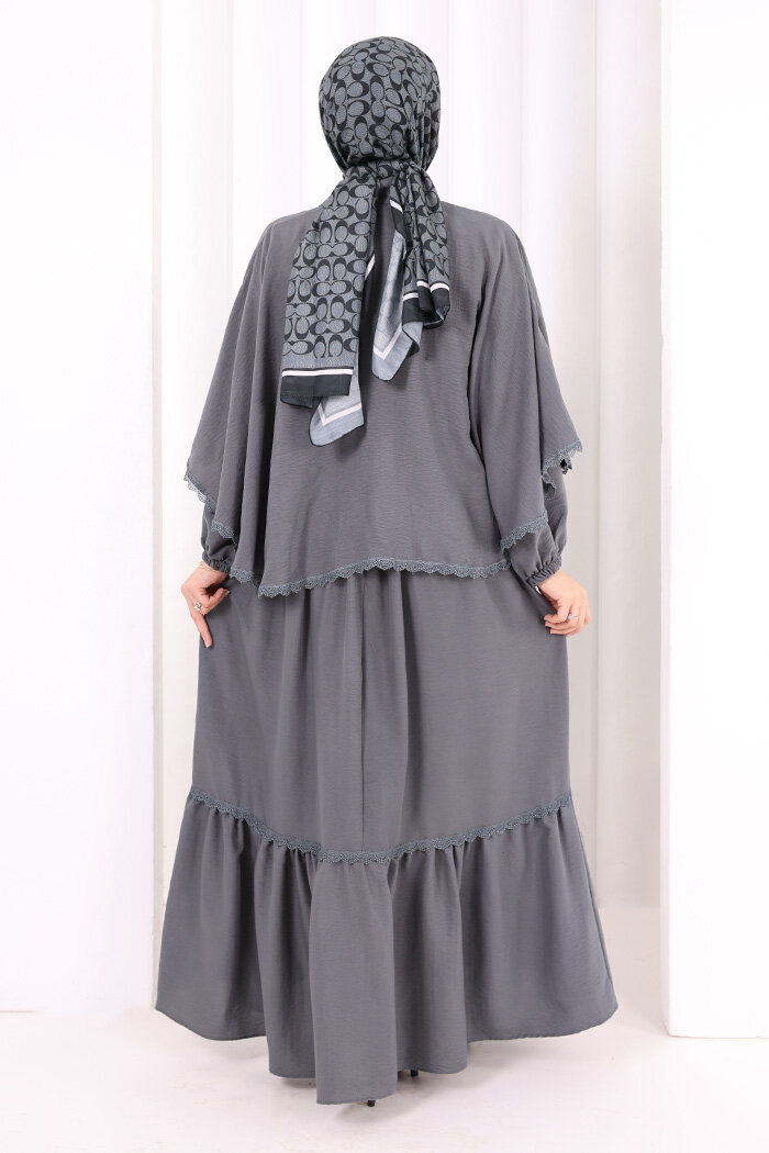 Güpür Detay Pelerinli Elbise 6079 Antrasit - 4
