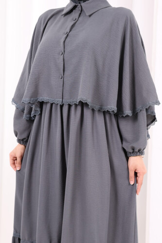 Güpür Detay Pelerinli Elbise 6079 Antrasit - 5