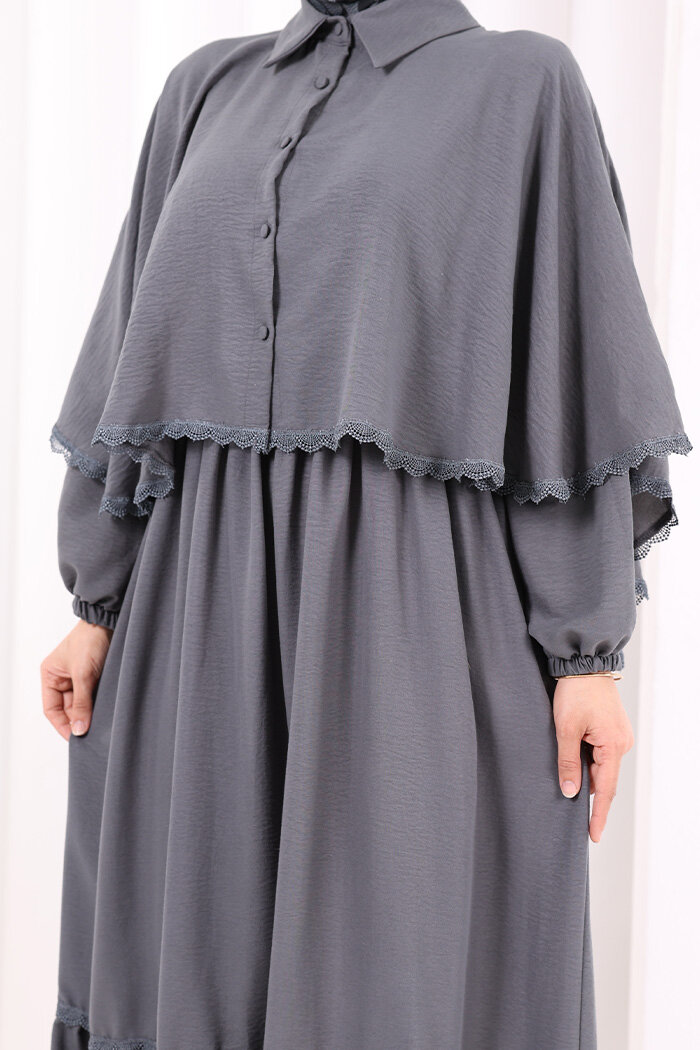 Güpür Detay Pelerinli Elbise 6079 Antrasit - 5