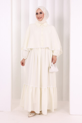 Güpür Detay Pelerinli Elbise 6079 Ekru