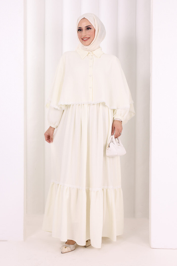Güpür Detay Pelerinli Elbise 6079 Ekru - 1