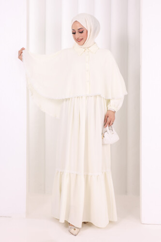 Güpür Detay Pelerinli Elbise 6079 Ekru - 2
