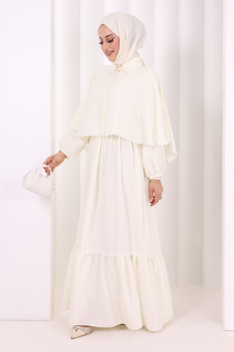 Güpür Detay Pelerinli Elbise 6079 Ekru - 3