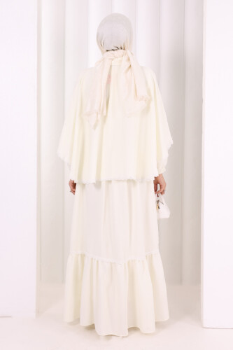 Güpür Detay Pelerinli Elbise 6079 Ekru - 4
